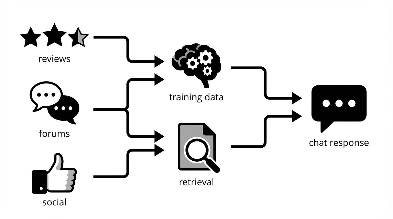 Flow diagram showing three UGC channels -- review platforms, Reddit and forums, and social media -- with arrows connecting each to training data influence and retrieval influence on AI responses