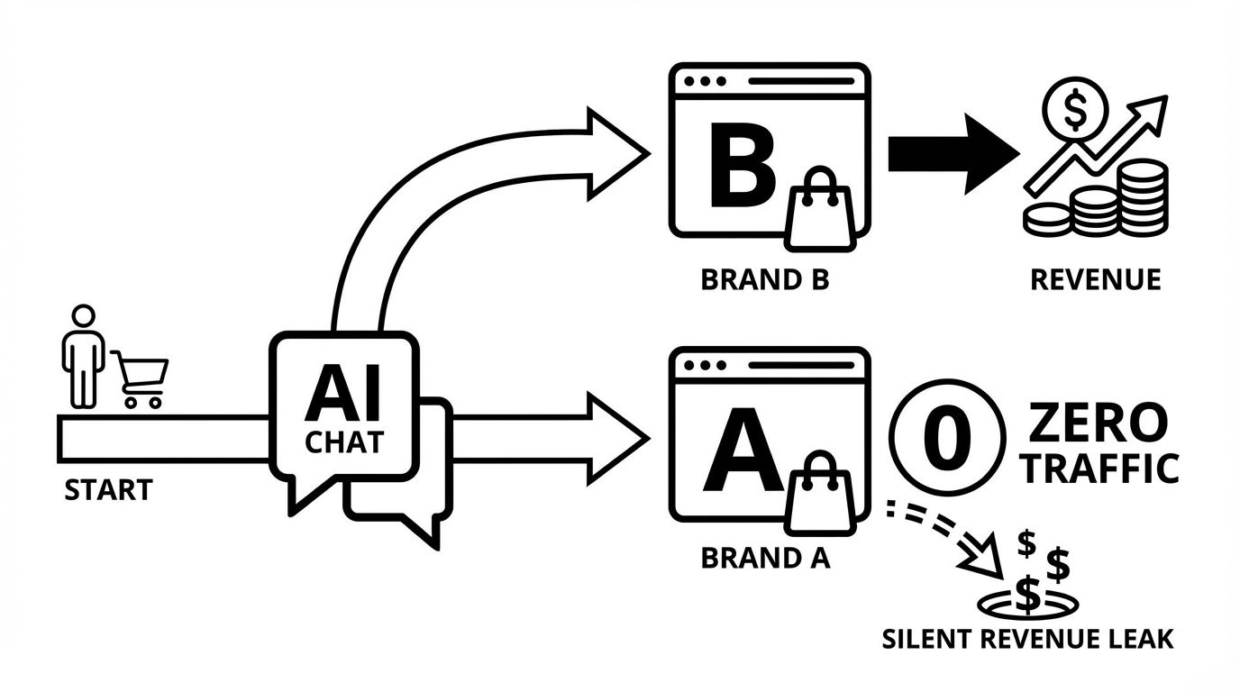 Diagram showing the silent revenue leak where AI misrepresentation diverts buyer consideration to competitors before any website visit or trackable event occurs