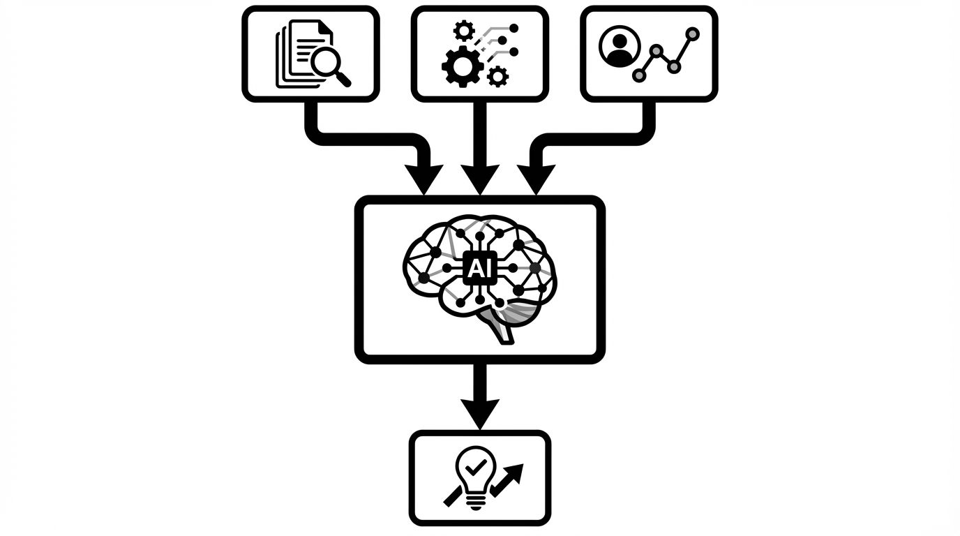 Flowchart showing how brand information, page content, and structured data flow into AI model processing and generate brand recommendations
