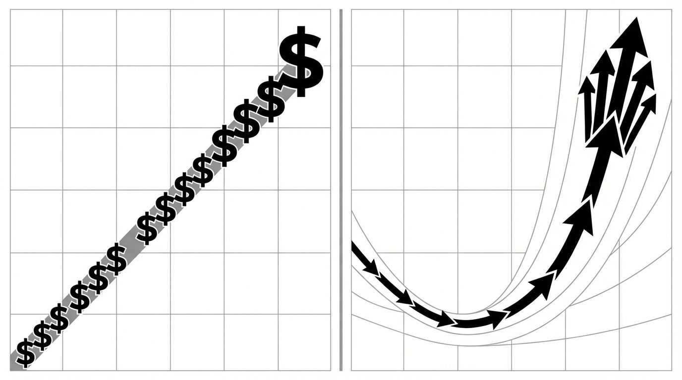 Side-by-side cost curve comparing paid ads linear spend versus GEO compounding returns over twelve months