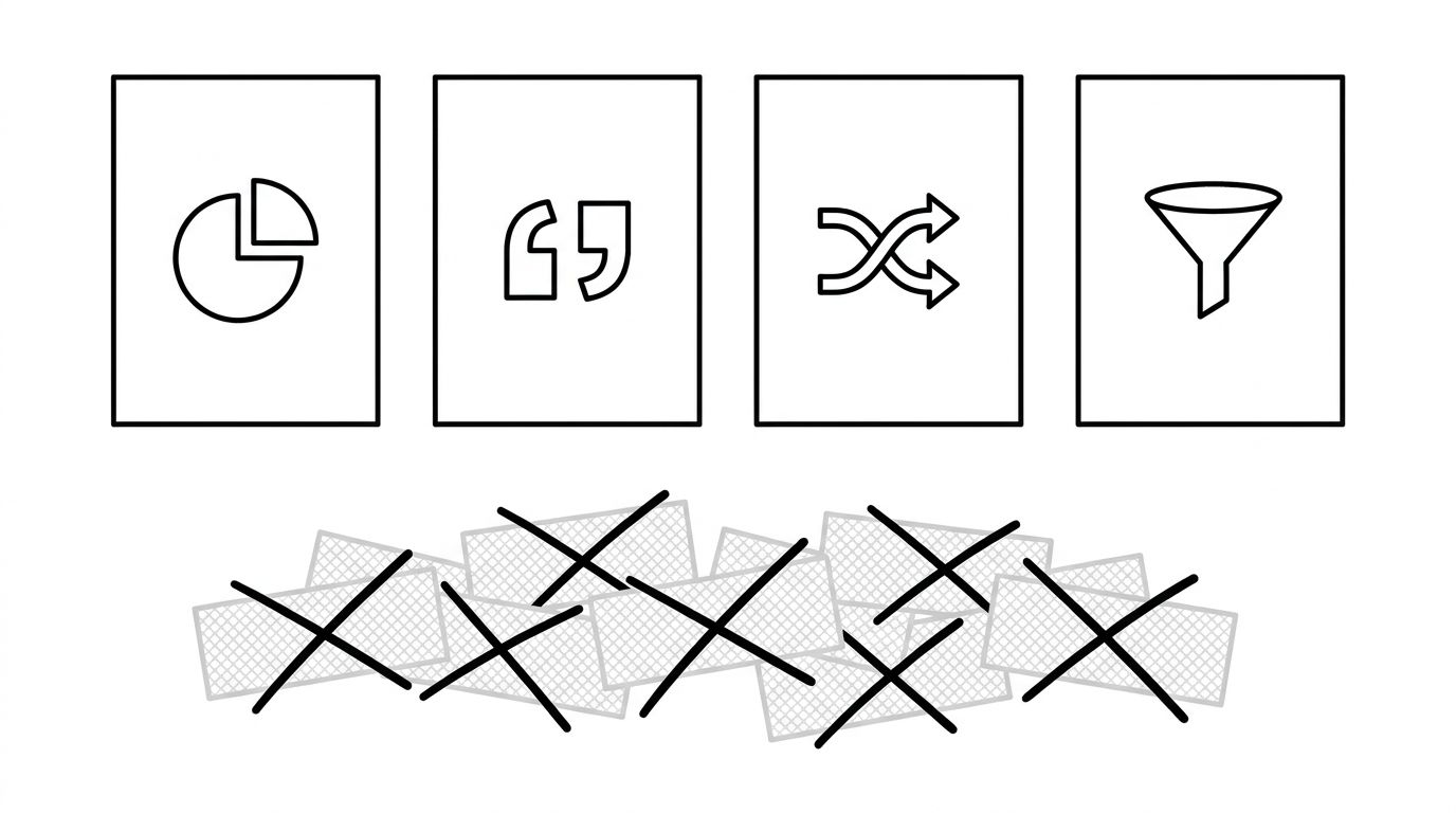 Reference layout showing four AI visibility dashboard panels in a row with discarded vanity metrics faded below