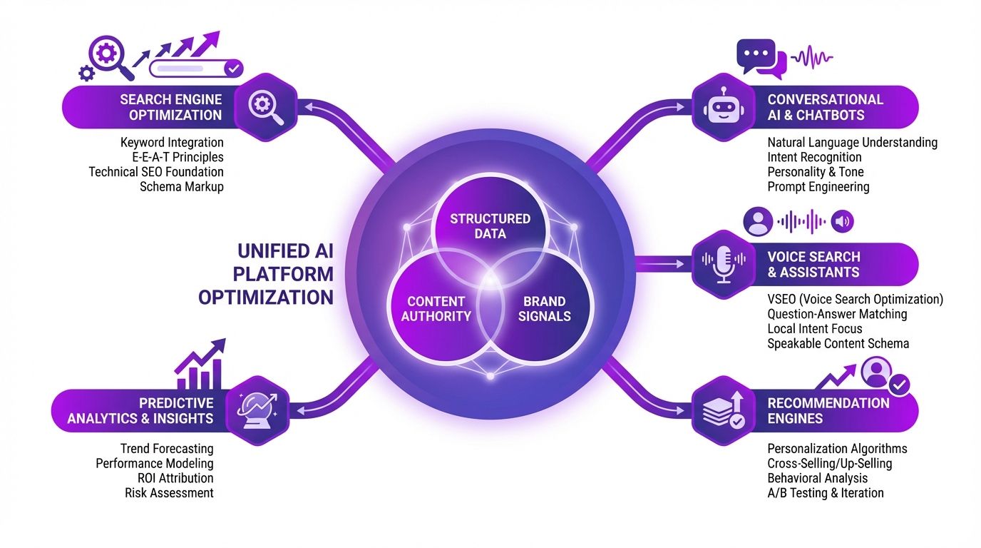 Framework showing the unified optimization approach across all five AI platforms with shared and platform-specific tactics