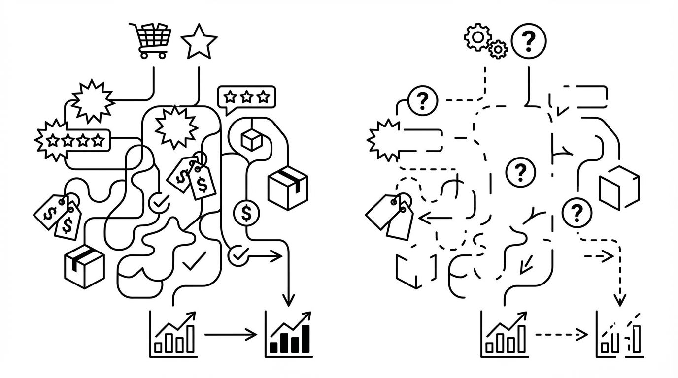 Diagram contrasting AI shopping ranking signals for consumer products versus B2B software showing rich signals on the product side and structural gaps on the software side