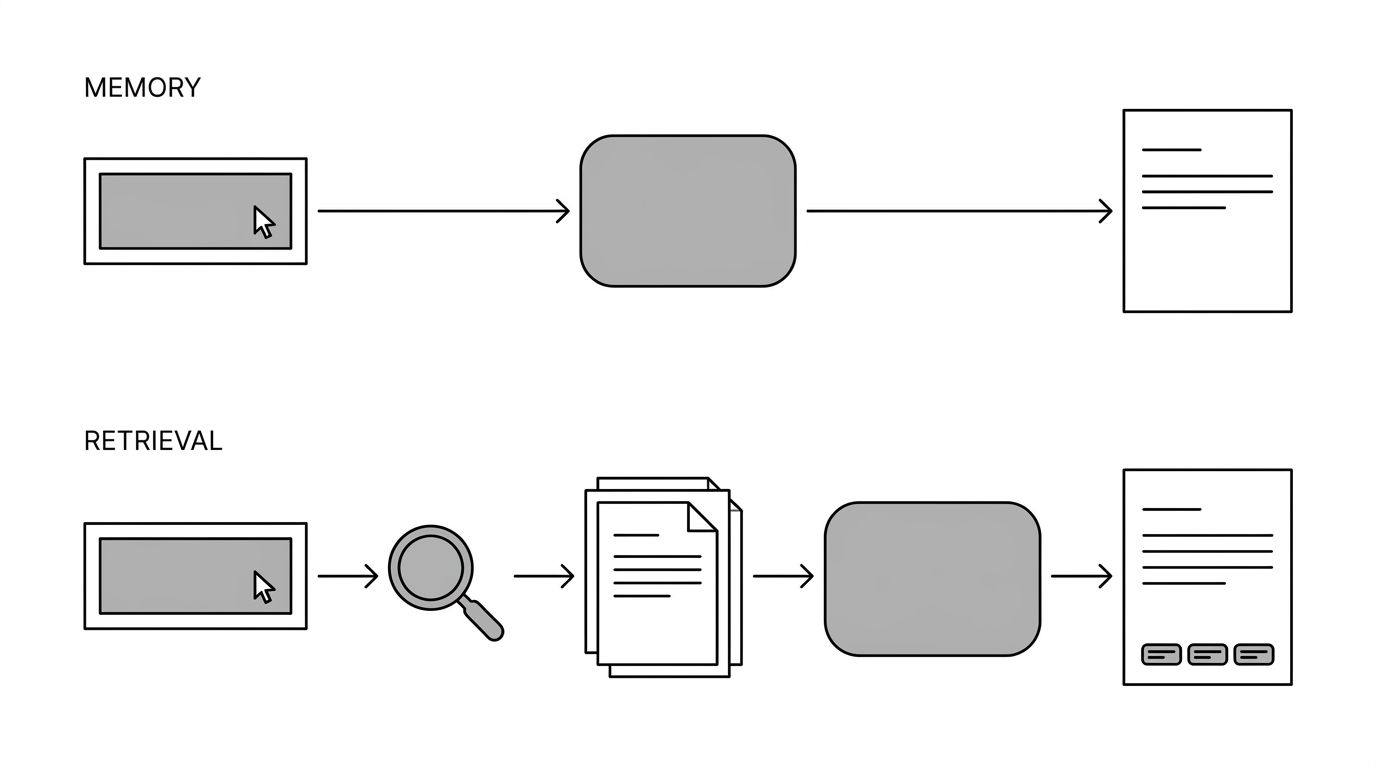 Diagram contrasting a chat completion answering from model memory with a search-grounded call that retrieves live pages before answering