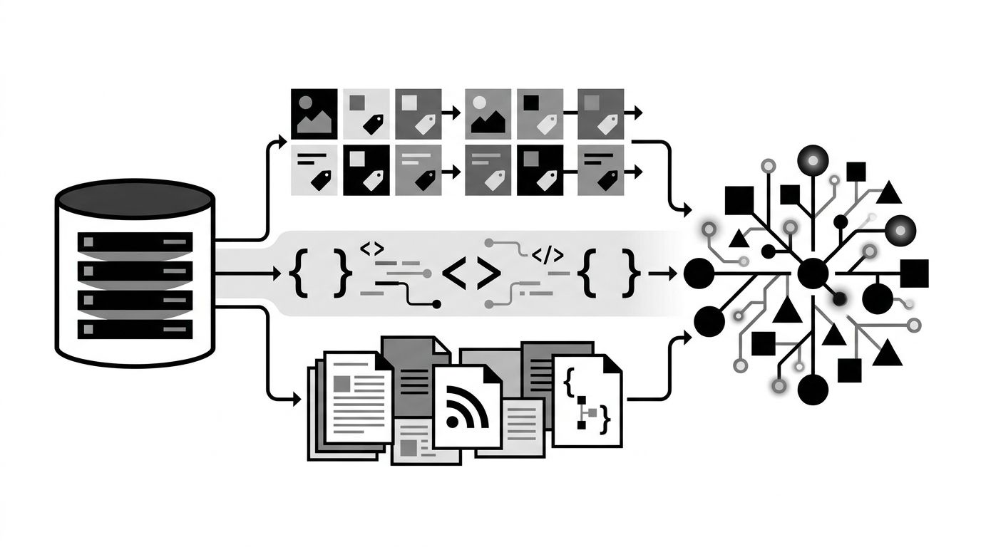 Diagram of a central brand data source on the left, branching into three pipelines, a product feed commerce lane, an OpenAPI spec SaaS lane, and a content JSON feed media lane, each flowing into an AI platform cluster on the right