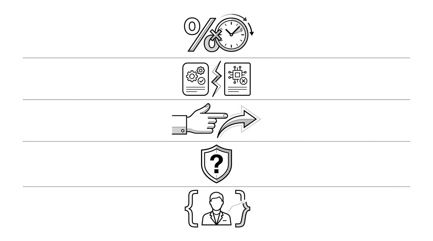 Diagram of five recurring compliance risk patterns AI models produce about financial products including stale rates, product misclassification, implied recommendations, fabricated guarantees, and buyer suitability mismatches