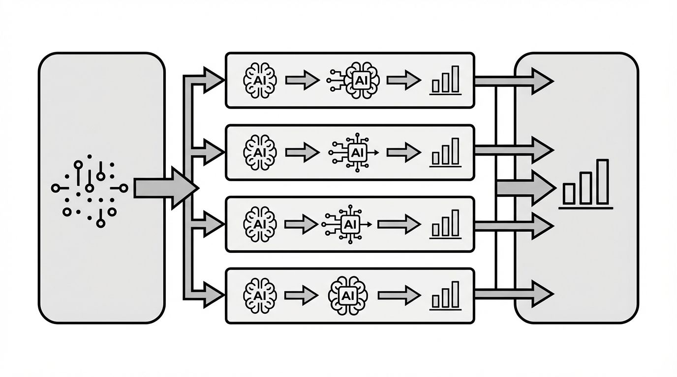 Workflow diagram showing query sets feeding into parallel platform monitoring across ChatGPT, Perplexity, Gemini, and Copilot, with outputs converging into a standardized metrics dashboard