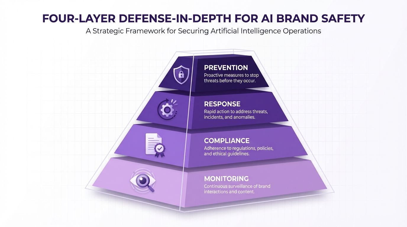 A framework showing the four layers of AI brand safety: monitoring, compliance, response, and prevention, arranged as a defense-in-depth model