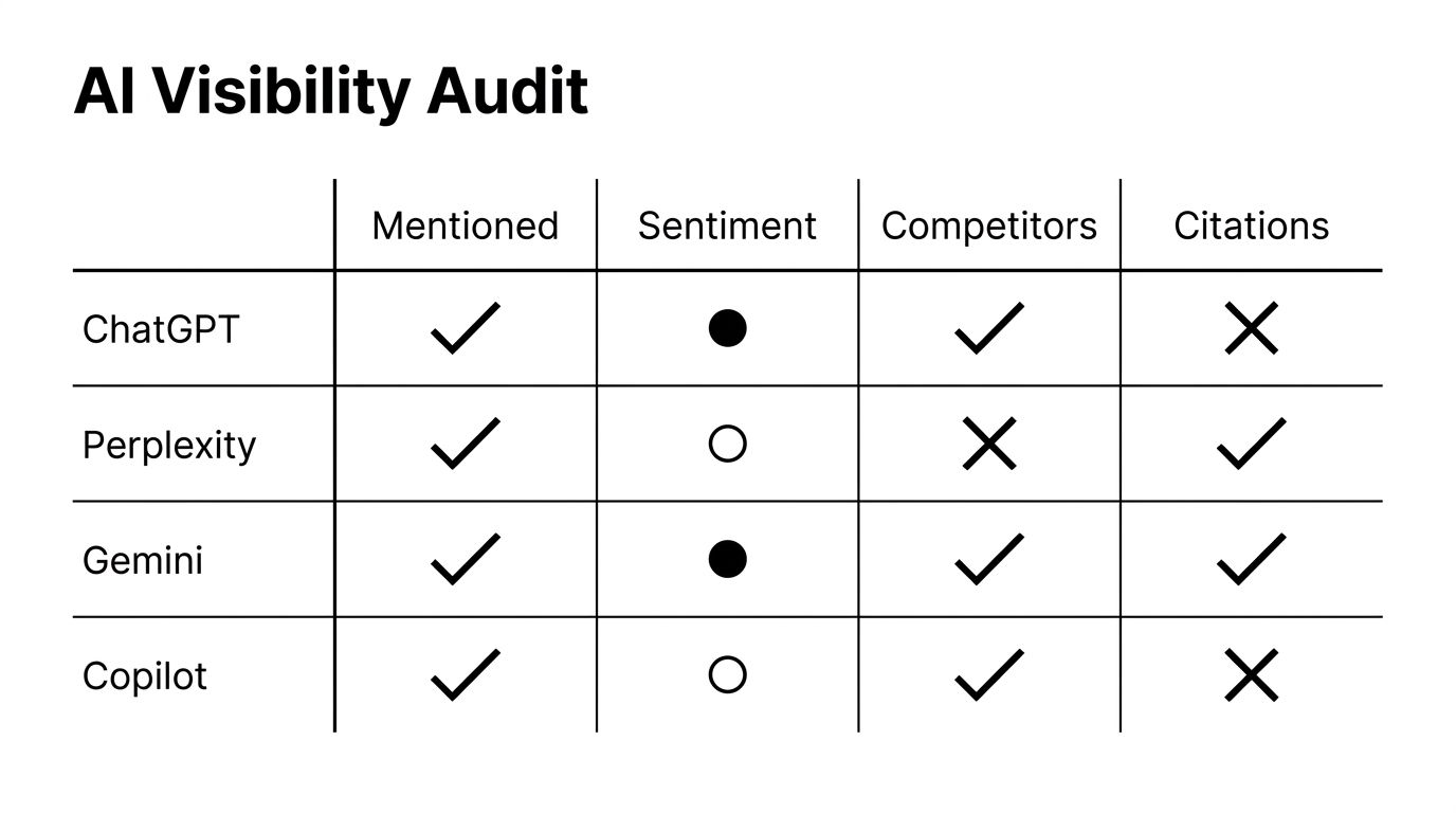 Mockup of an AI visibility audit baseline grid showing each AI platform against whether the brand is mentioned and its sentiment