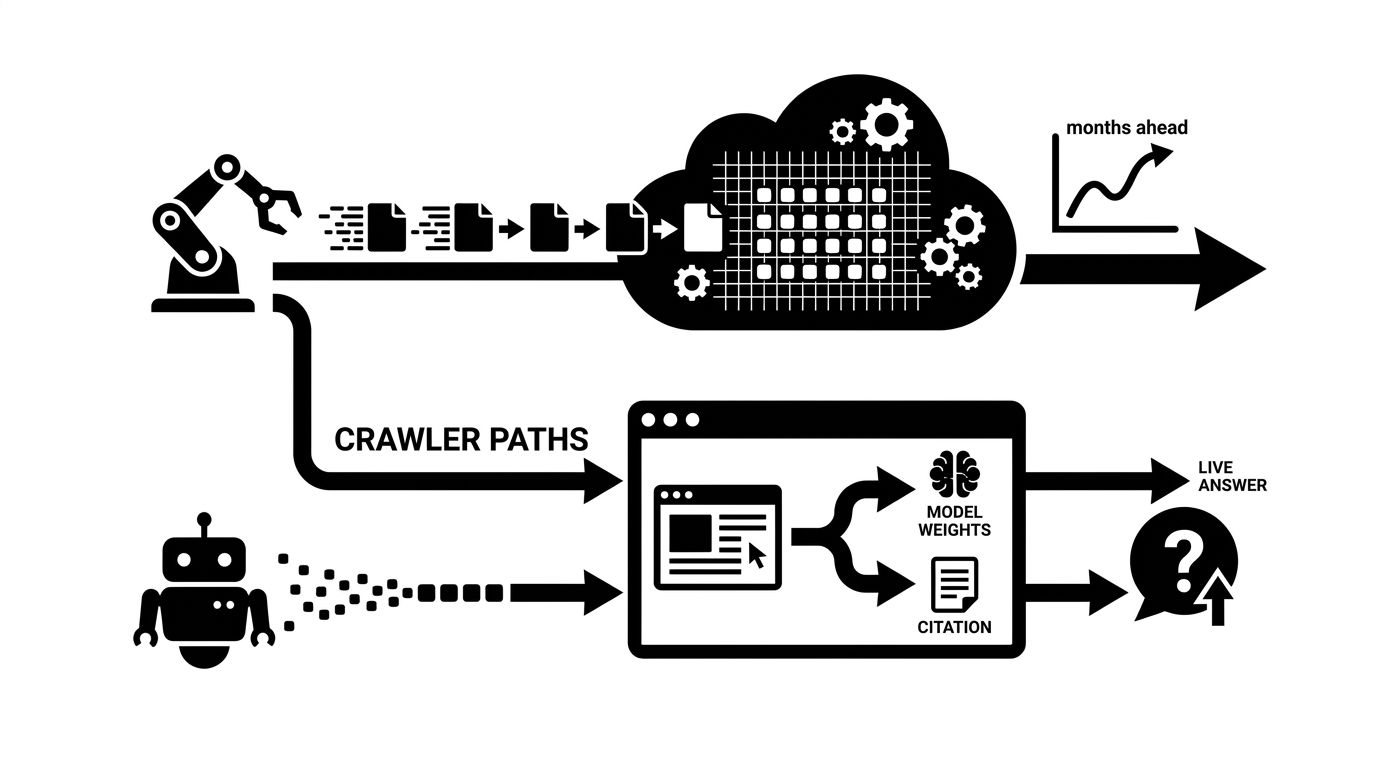 Diagram showing two AI crawler paths, training on the left feeding future model weights and retrieval on the right grounding live answers, with a central site deciding which lane to allow
