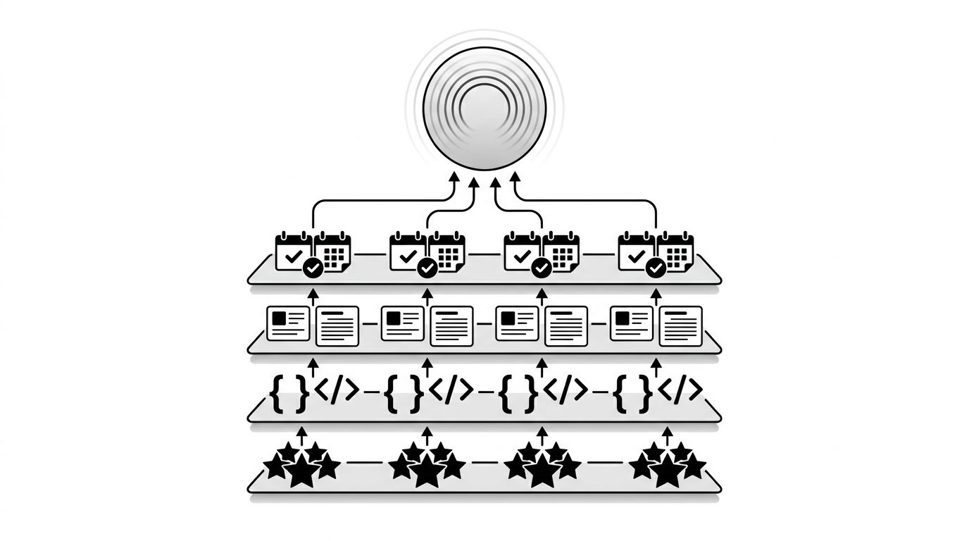 Diagram showing how reviews, structured schema, local editorial, and transactional data combine into an AI travel recommendation