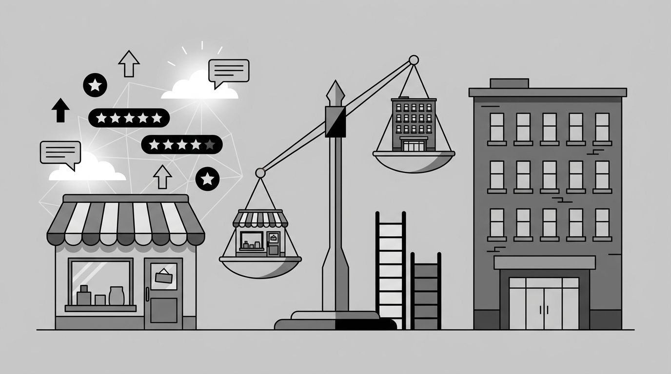 Diagram comparing a local business storefront with strong review stars and location signals against a larger national chain building, with a balance scale tipping toward the local business for AI recommendations