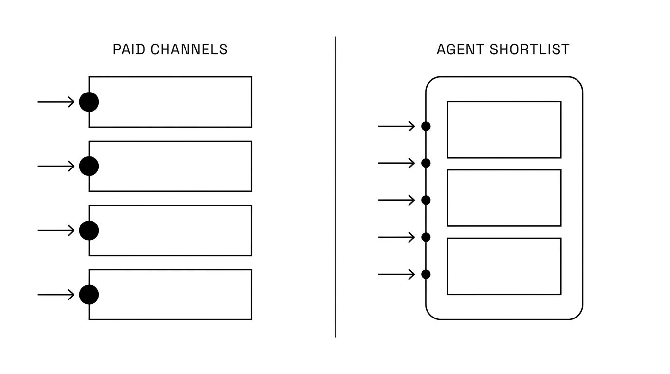 Diagram contrasting paid fintech distribution channels that have a purchase mechanism with agent-mediated distribution, which has none