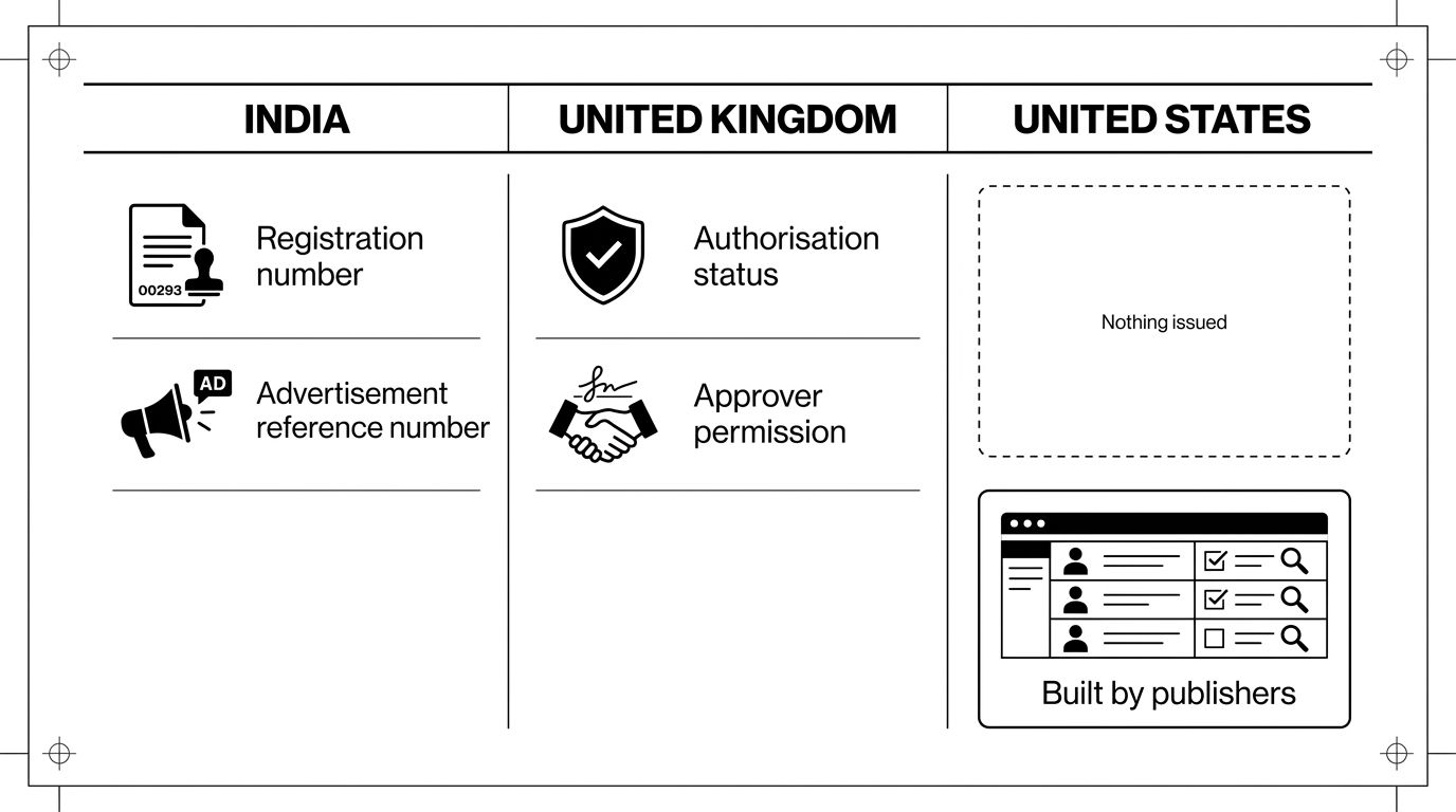 Three column comparison showing registration and advertisement reference numbers in India, authorisation status in the UK, and nothing issued in the US where publishers build review boards instead