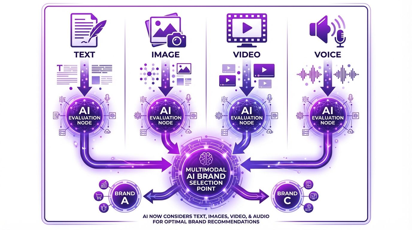 Framework showing how multimodal AI selects brands across text, image, video, and voice channels