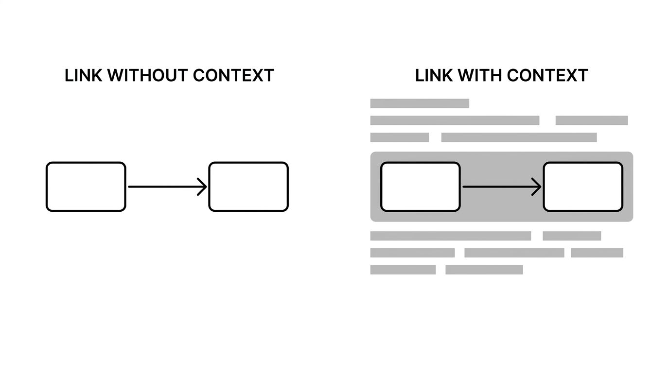 Side by side comparison of a generic internal link with no surrounding context versus the same link wrapped in a paragraph that explicitly states the entity relationship between the two pages