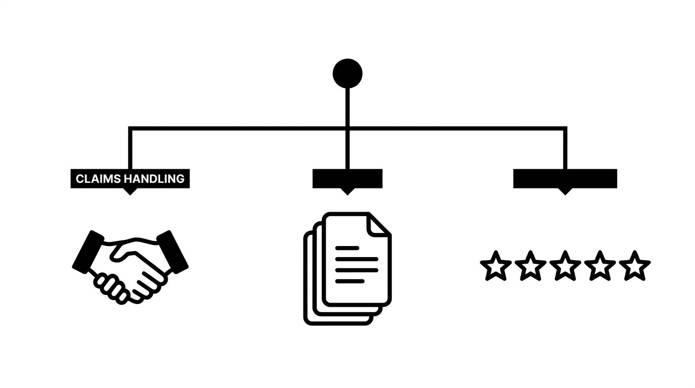 Diagram of three vertical pillars representing claims handling reputation, product language consistency, and third-party review presence converging into one AI citation node