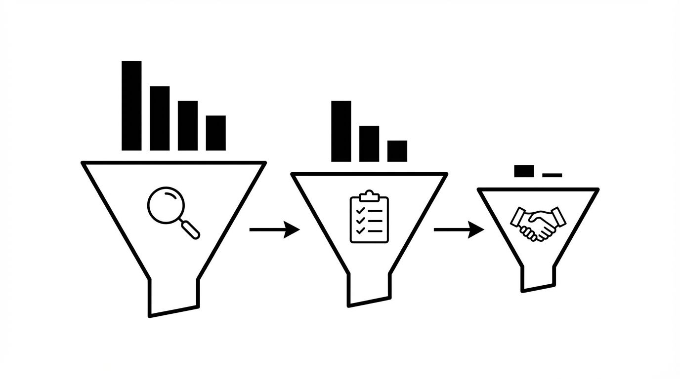 Diagram showing three buying stages where a SaaS brand has high AI visibility in category discovery but progressively lower visibility in evaluation and decision stages where purchase intent is highest
