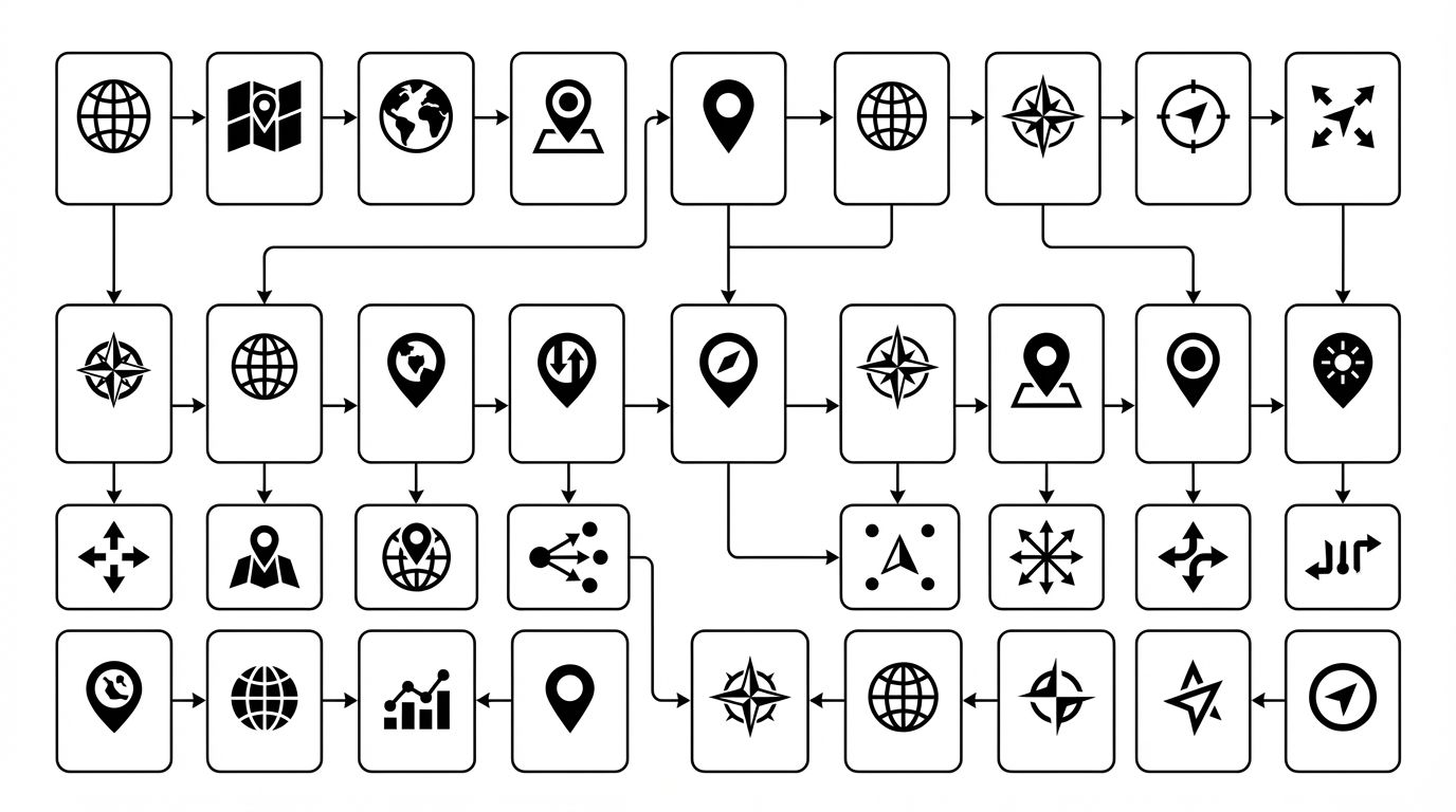 Alphabetical reference grid showing GEO terminology categories organized by theme