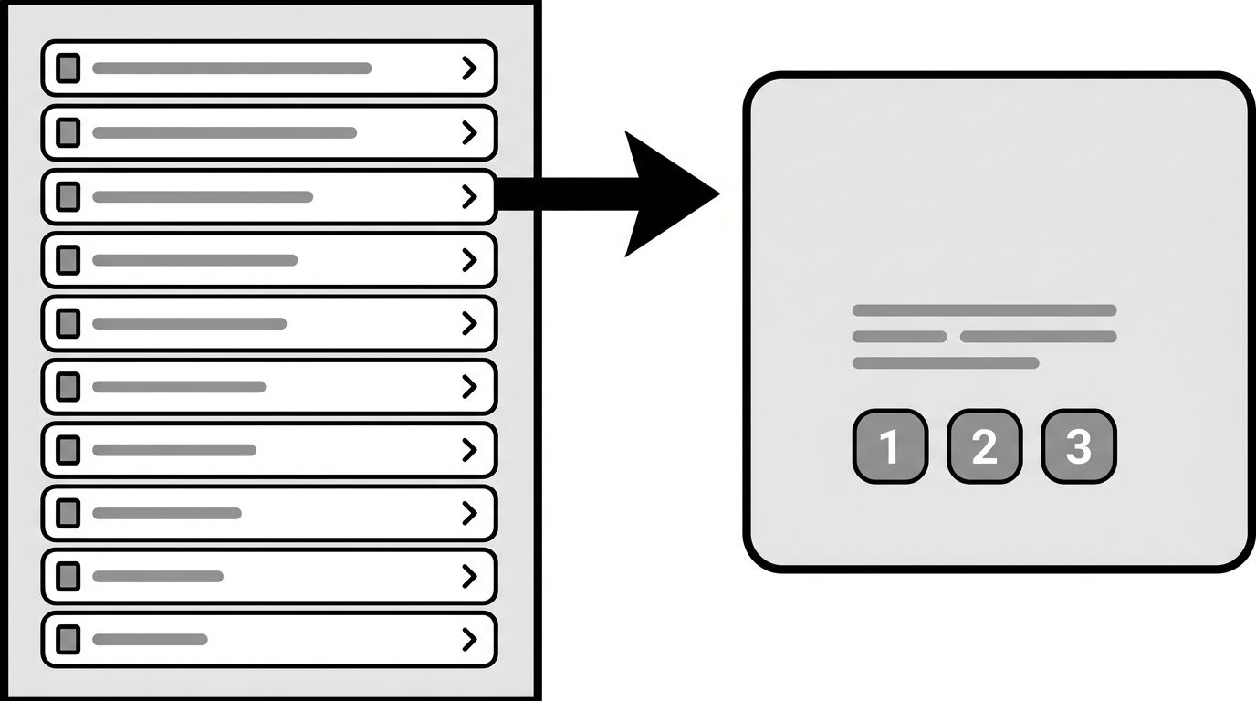 Diagram comparing a list of ten ranked search links on the left with a single AI answer citing three sources on the right