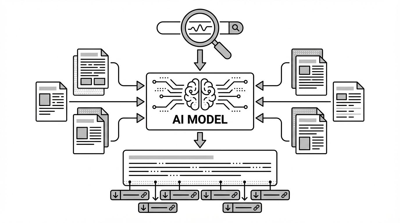 Diagram showing how Google AI Overviews pull from indexed web pages, knowledge panels, and structured data to generate a cited summary above organic search results