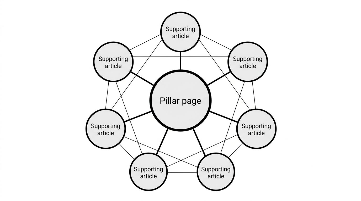 Diagram of a topical content cluster with a central pillar page linked to supporting articles