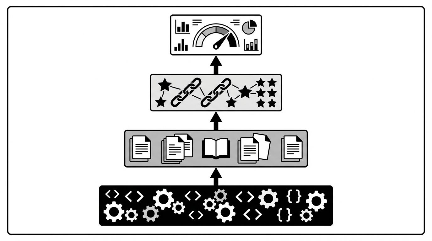 Framework diagram showing four stacked dimensions of multilingual GEO with technical infrastructure at the base then local content and citations in the middle and monitoring and measurement at the top with arrows showing how each layer builds on the previous one
