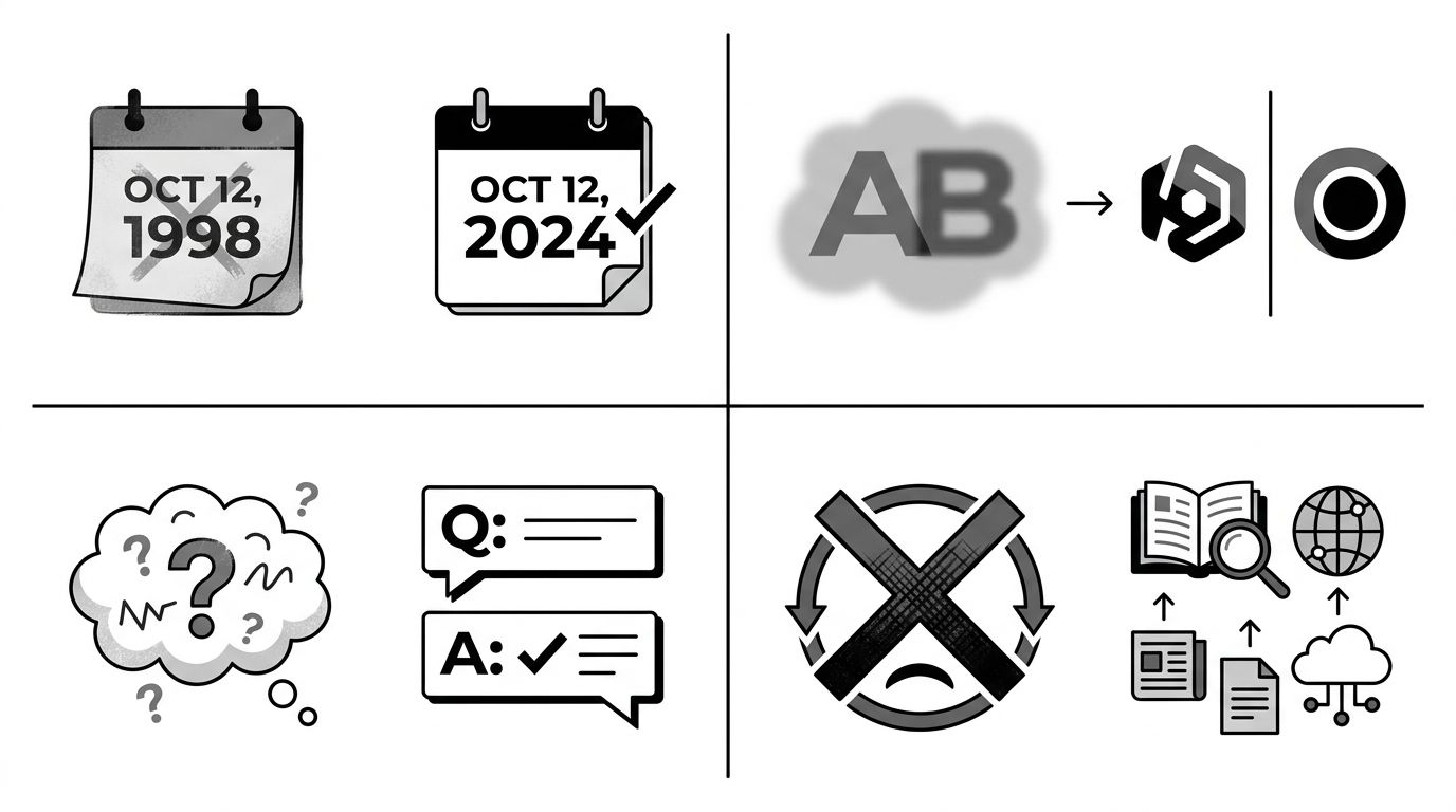 Four-panel matrix showing each misinformation pattern paired with its corresponding content response, from outdated facts to sentiment distortion