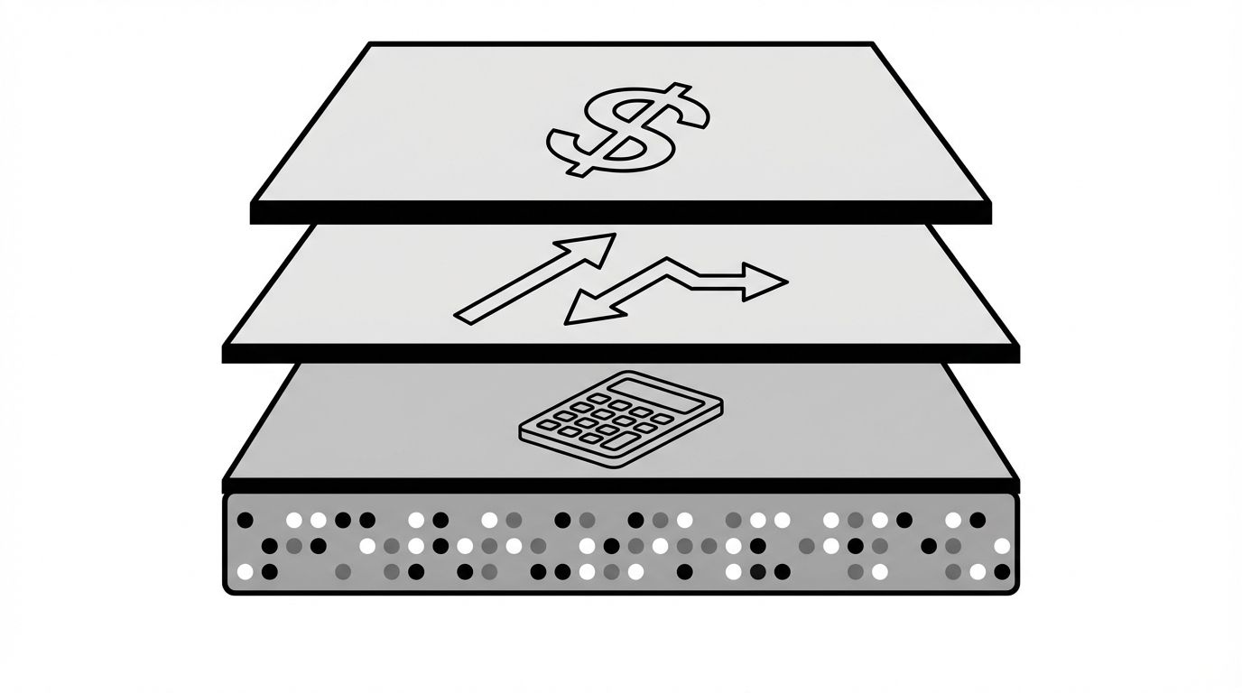 Four-layer stack diagram showing data collection, metric calculation, trend analysis, and business mapping as layers of an AI visibility dashboard