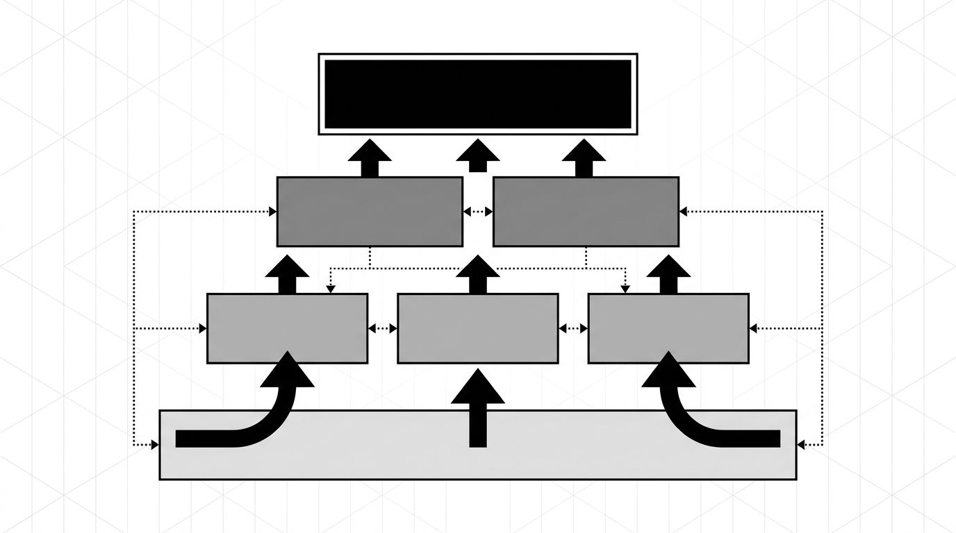 Four-layer D2C content stack showing category hub at the top, product pages and comparisons in the middle, and transparency and use-case pages at the base
