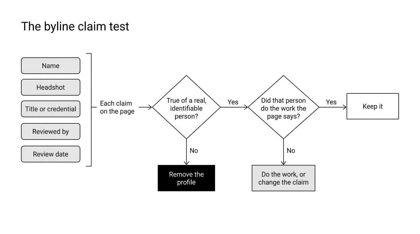 Flowchart titled The byline claim test. Five byline elements, name, headshot, title or credential, reviewed by, and review date, each flow into a first question: true of a real, identifiable person? A no leads to remove the profile. A yes leads to a second question: did that person do the work the page says? A yes leads to keep it, and a no leads to do the work, or change the claim.