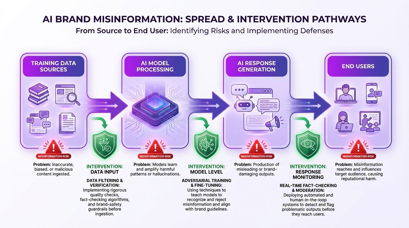 A diagram showing how AI-generated brand misinformation flows from training data through AI platforms to end users, with intervention points marked along the chain