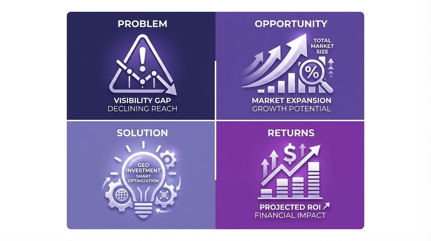 Framework showing how to build a GEO business case for executive stakeholders
