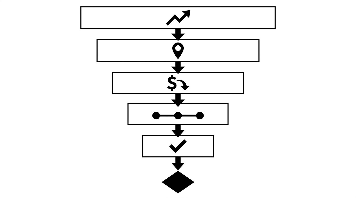 Diagram showing a five layer executive pitch deck as stacked horizontal slides, each labeled visually as shift, position, displacement, plan, ask, with arrows flowing downward to a final decision point