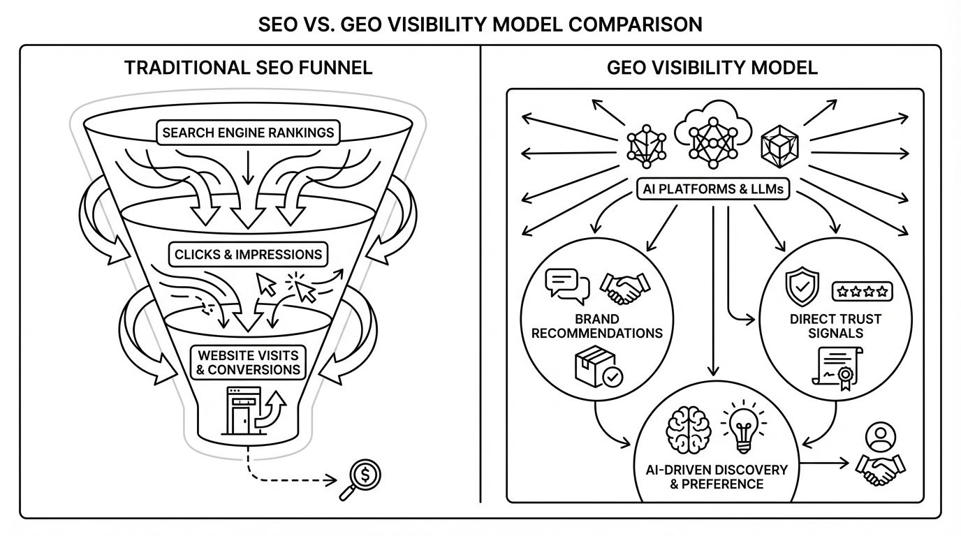 Diagram comparing the traditional SEO funnel with the GEO visibility model side by side