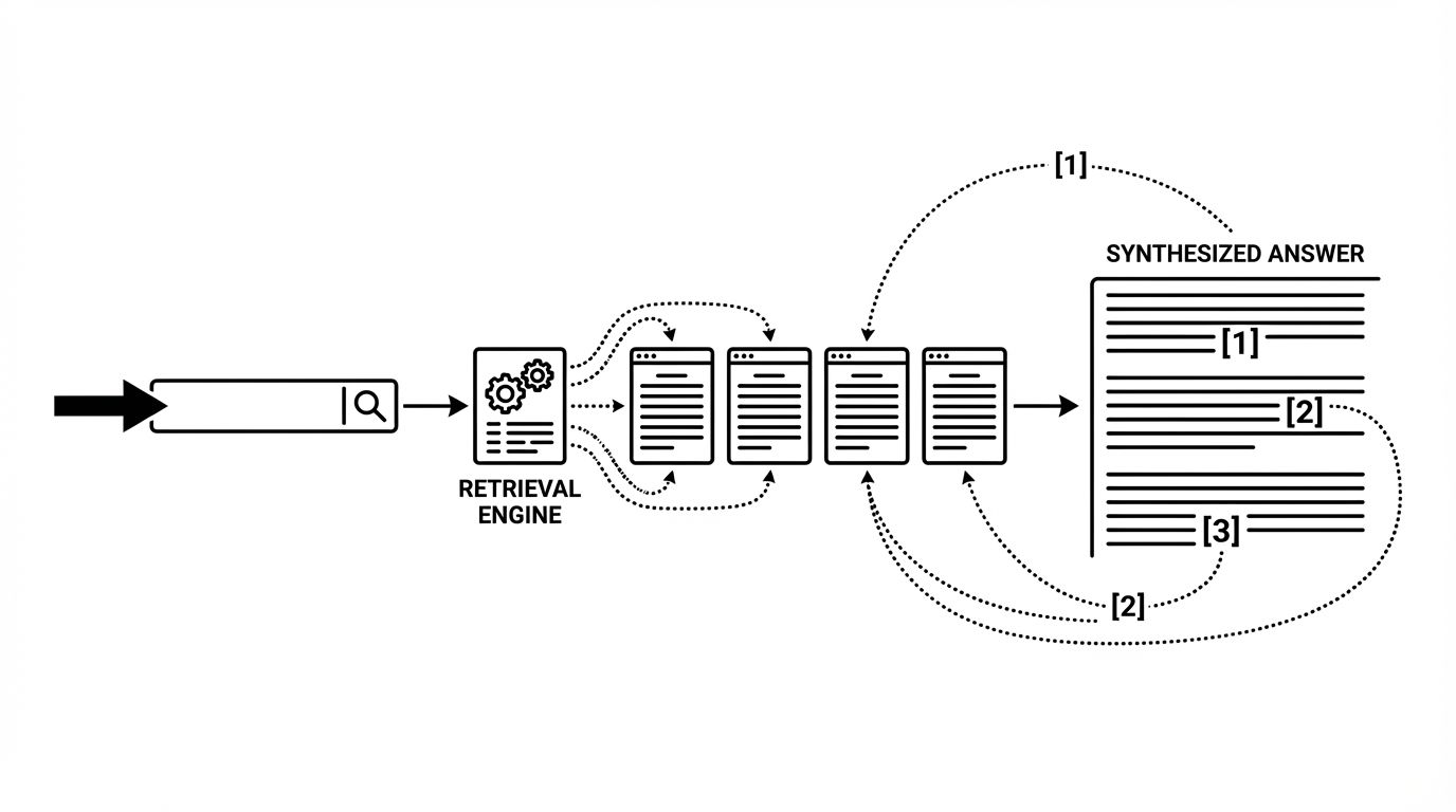 Diagram showing how Perplexity retrieves web sources, synthesizes content, and generates cited answers for user queries