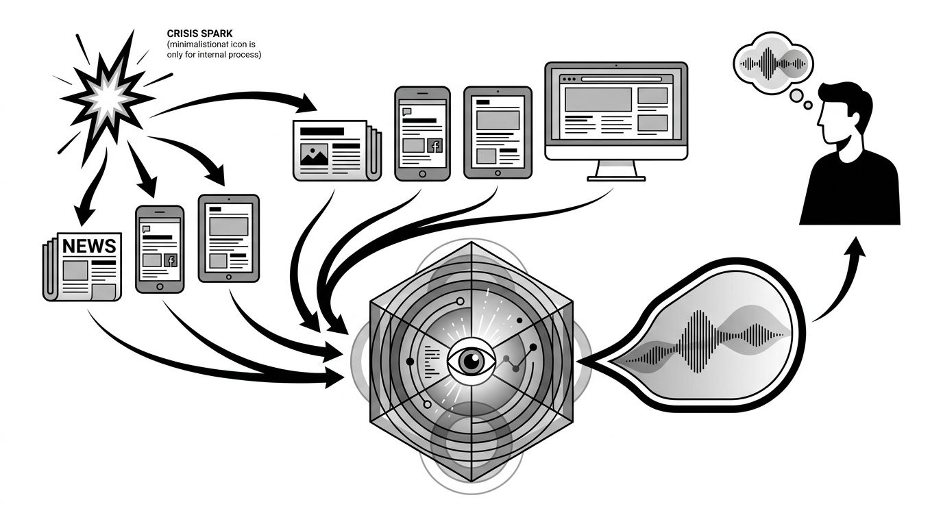 Diagram showing a crisis event splitting into multiple media sources feeding an AI retrieval layer that outputs a summarized narrative to users