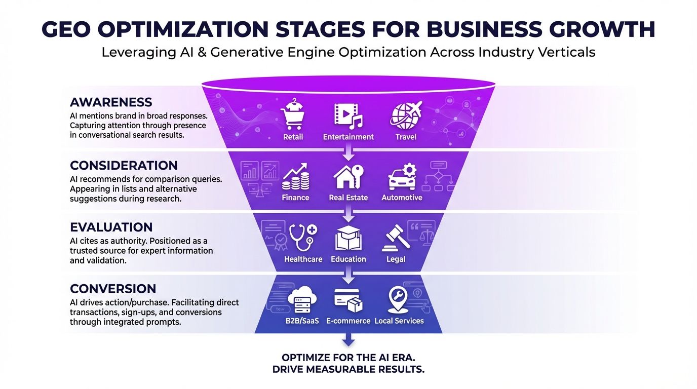 Framework showing the GEO optimization funnel for different business types, from brand awareness at the top to conversion-focused tactics at the bottom