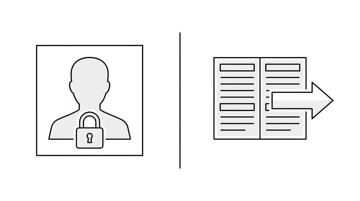 Diagram contrasting protected identifiable patient data on the left with structured publishable educational content on the right, separated by a vertical compliance boundary