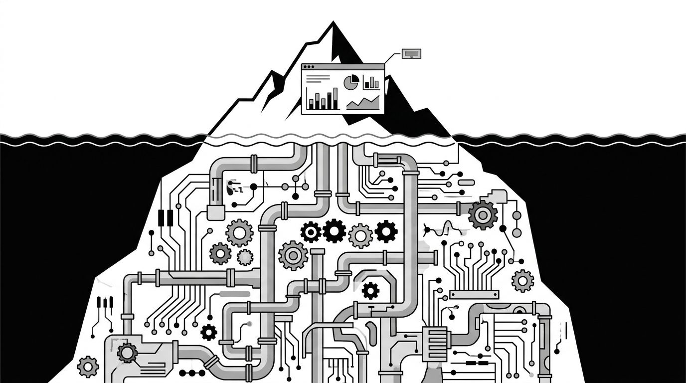 Iceberg diagram showing a small dashboard surface above the waterline and a large interconnected system of data pipes and processing nodes below, illustrating that the data infrastructure dwarfs the visualization layer