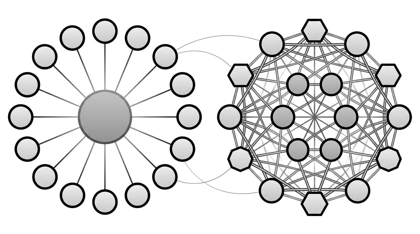 Diagram contrasting a centralized hub-and-spoke layout used for product pages with a denser pillar-cluster mesh used for editorial topics, with thin bridge links between the two structures