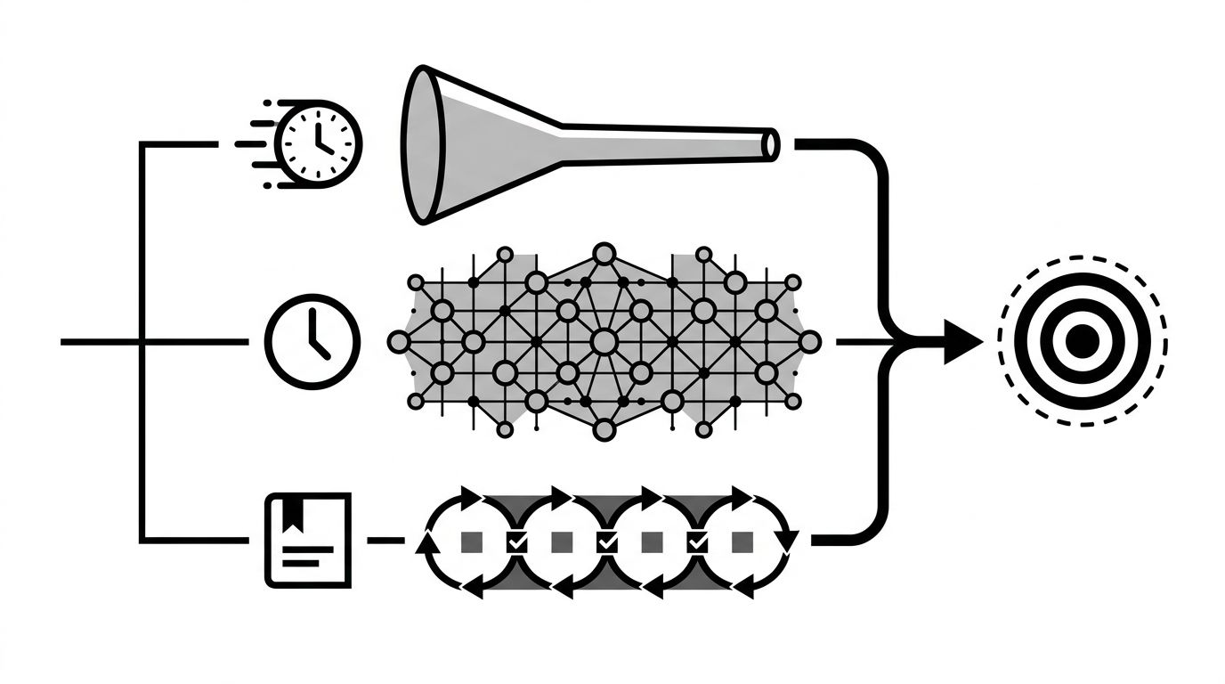 Three-path diagram showing Google AI Overviews as fastest fix, ChatGPT as slowest with biggest reach, and Perplexity as fast with visible citations, all converging on a single sequencing target