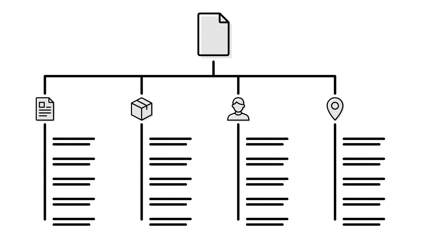 Sitemap index diagram showing separate sitemaps for articles, products, people, and locations with freshness-aware last-modified dates