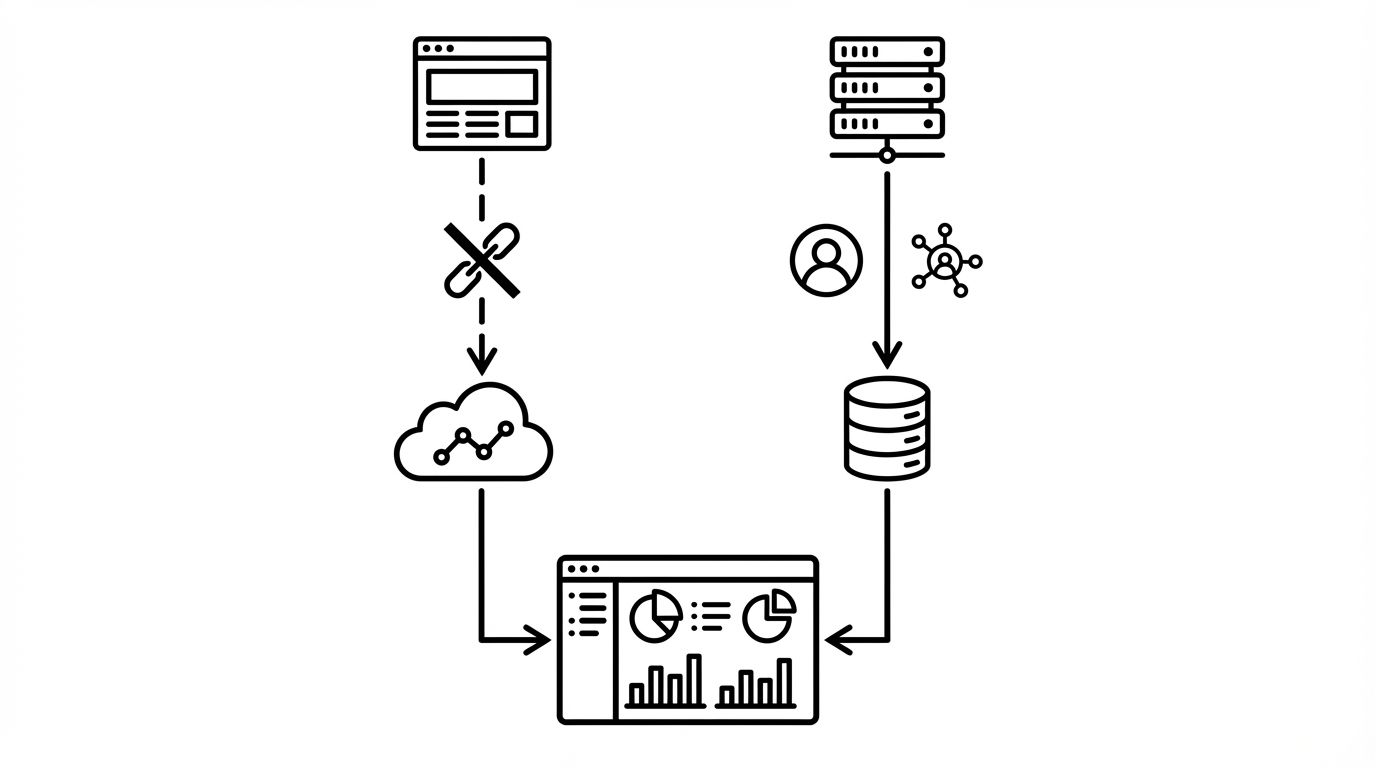 Diagram showing two parallel paths: client-side GA4 tracking losing AI referrer data versus server-side log analysis preserving user agent and IP signals