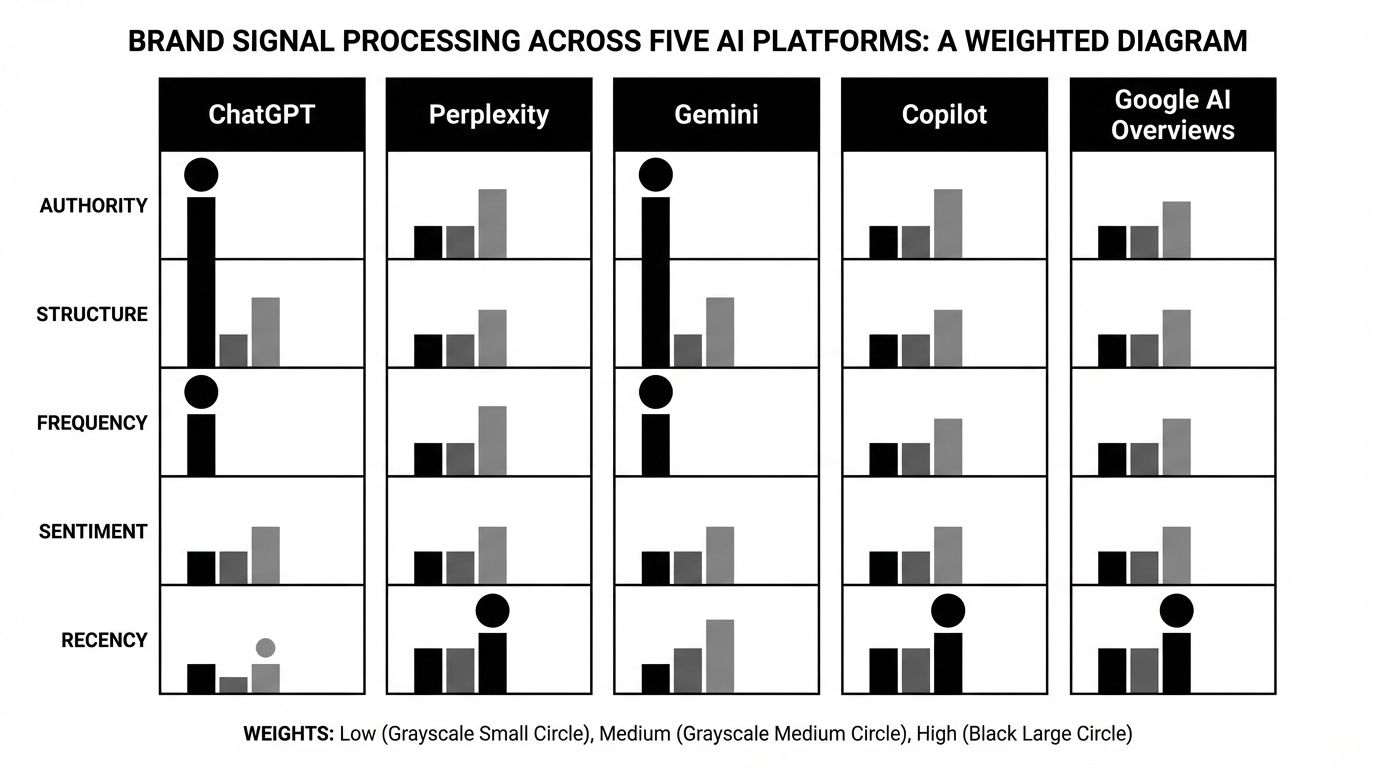 Diagram showing how five AI platforms process brand signals differently, with varying weights for authority, structure, frequency, sentiment, and recency