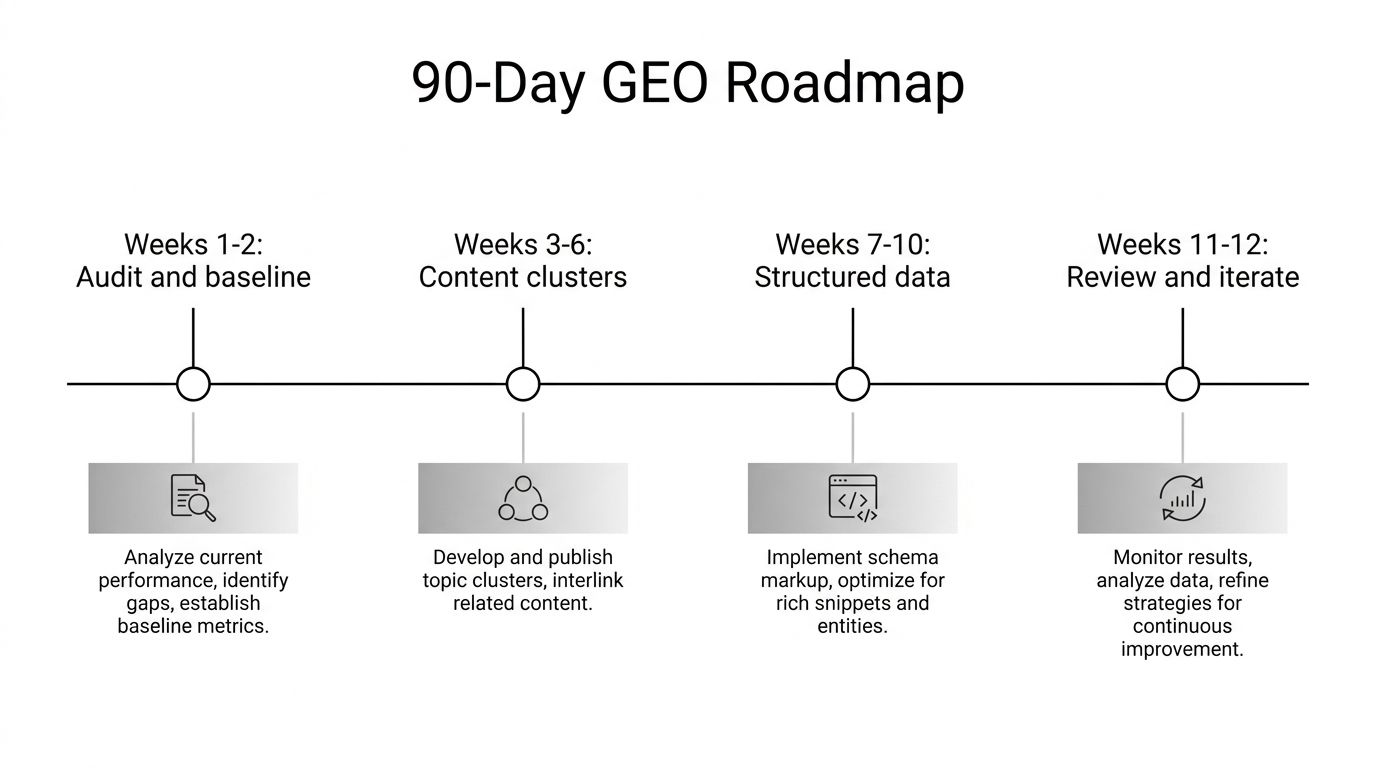 Timeline of a 90-day GEO rollout across four phases from audit to first content cluster to structured data to review