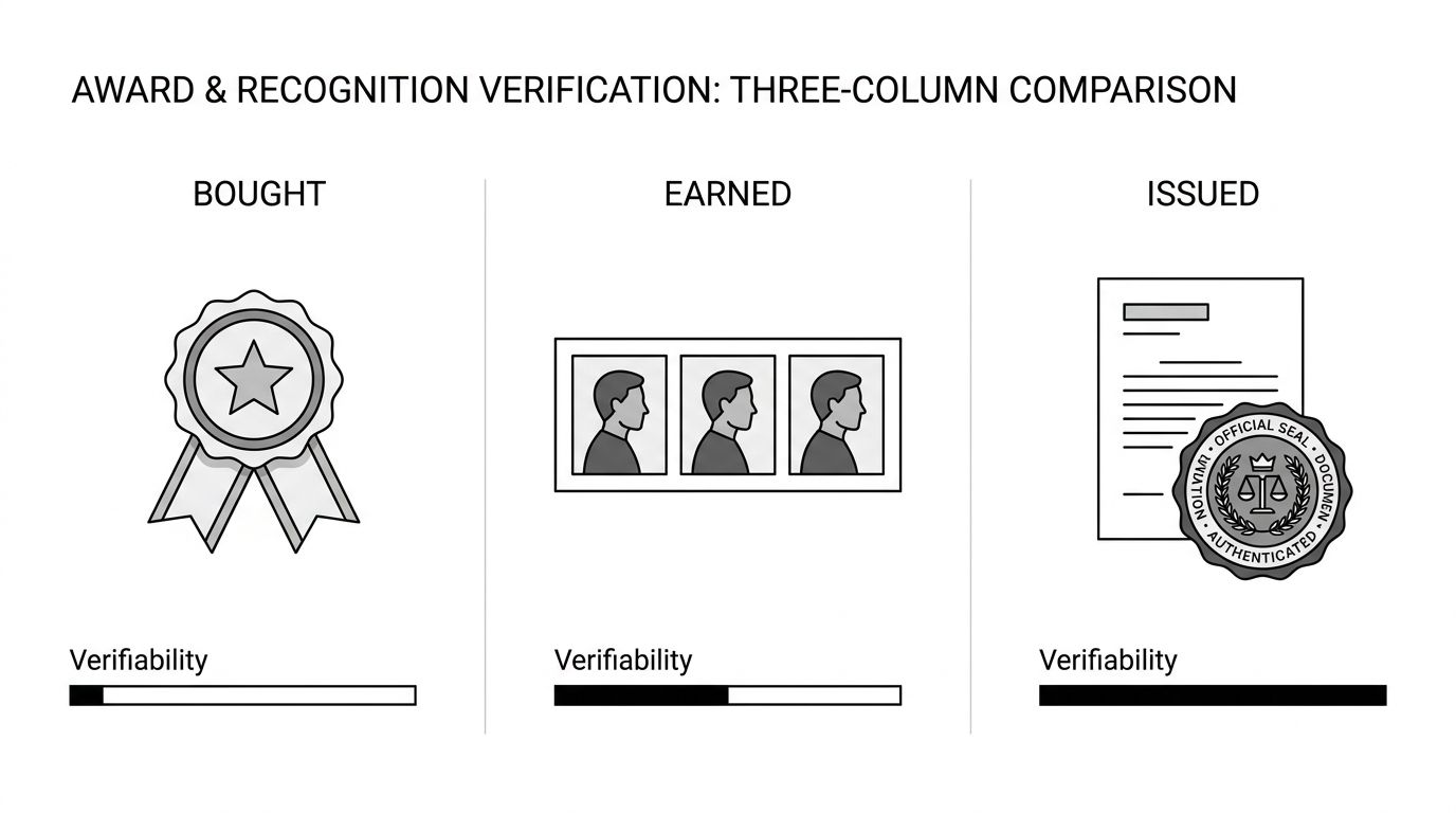 Three column diagram comparing bought, earned and issued trust markers, with a verifiability bar shortest for bought and longest for issued