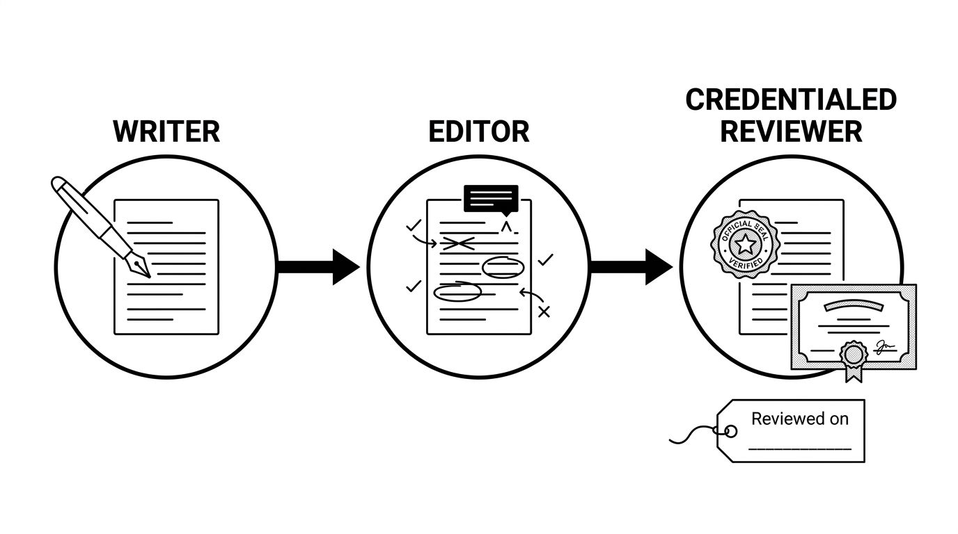 Three stage flow from writer to editor to credentialed reviewer, with a review date tag attached to the final stage