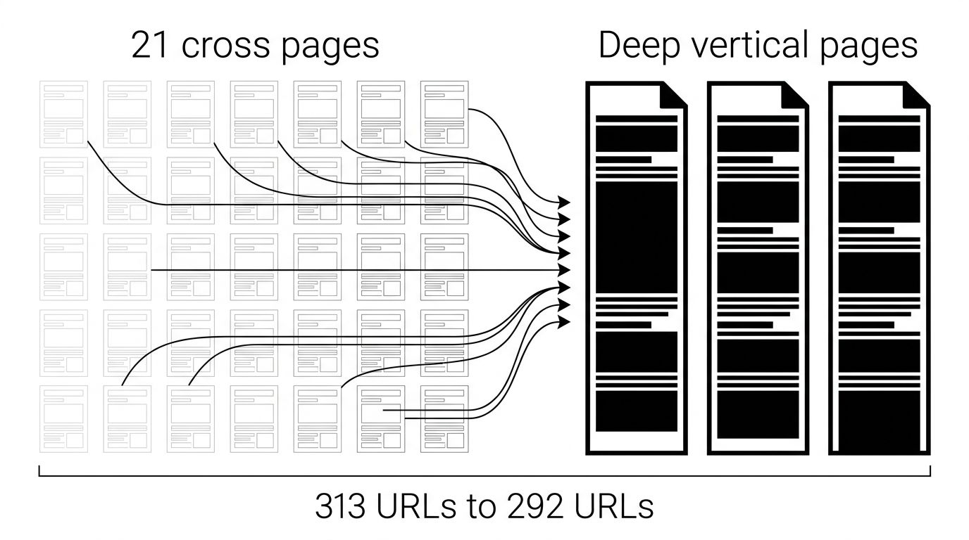 Diagram showing a grid of 21 faded cross pages with arrows converging into three deep vertical pages, and a caption noting the sitemap went from 313 to 292 URLs