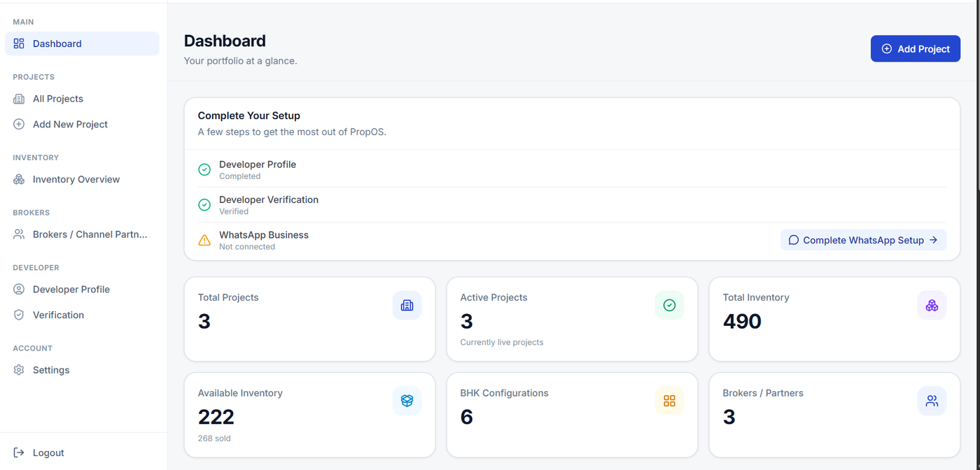 PropOS real estate developer dashboard showing projects, inventory, configurations and brokers